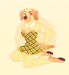  agentmoose animal_crossing anthro barefoot breasts brown_eyes brown_nose canid canine canis cleavage clothed clothing domestic_dog feet female fur goldie_(animal_crossing) hi_res lace mammal nintendo pawpads solo tail yellow_body yellow_fur 