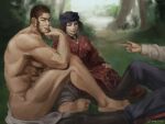  1girl 2boys abs ainu ainu_clothes arm_hair bara beard black_hair buzz_cut chest_hair convenient_leg elbow_rest facial_hair forest golden_kamuy hairy inkarmat japanese_clothes kimono large_pectorals leg_hair looking_at_viewer male_focus mature_male multiple_boys muscular muscular_male nature nipples no_male_underwear nopinzo out_of_frame painterly pants_around_one_leg pectorals pointing red_kimono short_hair sideburns sidepec tanigaki_genjirou thick_eyebrows thick_thighs thighs topless_male very_short_hair 