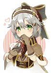  1boy acheru_maru arch_mage_(ragnarok_online) bangs bow brown_bow brown_capelet brown_gloves brown_headwear brown_sash brown_shirt capelet commentary_request drinking_straw drinking_straw_in_mouth fur-trimmed_capelet fur-trimmed_gloves fur_trim gloves green_eyes grey_hair hair_between_eyes hat hat_bow heart heart_bottle highres looking_at_viewer male_focus ragnarok_online shirt short_hair solo upper_body 