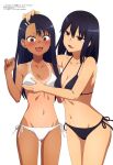  2girls absurdres bikini black_bikini black_hair blush breast_grab breasts brown_eyes cleavage embarrassed grabbing groping highres ijiranaide_nagatoro-san incest large_breasts magazine_scan medium_breasts megami_magazine multiple_girls nagatoro_hayase nagatoro_misaki navel official_art scan siblings sisters swimsuit tan tanlines white_bikini yuri 