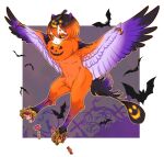  1girl bachikin_(kingyo155) bat_(animal) bird_legs bird_tail black_feathers black_hair black_sclera black_wings blush candy claws colored_sclera commentary_request feathers food foot_hold gradient_hair hair_horns halloween harpy highres monster_girl multicolored_hair multicolored_wings orange_eyes orange_feathers orange_hair orange_wings original purple_feathers purple_wings short_hair solo tail talons thick_eyebrows wings 