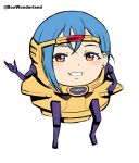  1girl ant-man_and_the_wasp:_quantumania bangs blue_hair blush box_wonderland brown_eyes cosplay full_body hair_behind_ear looking_at_viewer love_live! love_live!_superstar!! marvel marvel_cinematic_universe mechanical_arms mechanical_legs modok modok_(cosplay) open_hand parted_lips short_hair smile solo twitter_username wakana_shiki white_background 