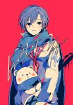  1boy 3kuma blue_hair blue_scarf commentary high_collar highres kaito_(vocaloid) light_frown long_sleeves male_focus parted_lips red_ribbon ribbon scarf short_hair simple_background solid_circle_eyes stuffed_animal stuffed_toy symbol-only_commentary teddy_bear vocaloid 