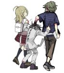  1girl 2boys ahoge akamatsu_kaede amami_rantarou artist_name backpack bag bangs black_socks blonde_hair brown_footwear brown_pants checkered_clothes checkered_scarf closed_mouth commentary_request danganronpa_(series) danganronpa_v3:_killing_harmony from_behind green_hair grey_jacket grey_pants hair_ornament holding jacket kneehighs miniskirt multiple_boys musical_note musical_note_hair_ornament ouma_kokichi pants pink_vest r2load red_skirt scarf shirt shoes short_hair short_sleeves simple_background skirt smile socks striped striped_shirt vest white_background white_bag white_shirt 