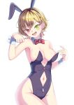  1girl :d animal_ears armpits bangs bare_shoulders black_leotard blonde_hair blush bow bowtie braid breasts charlotte_(shironeko_project) cleavage clothing_cutout commentary_request cowboy_shot detached_collar dorai fake_animal_ears fang green_eyes groin hair_between_eyes hands_up heterochromia highleg highleg_leotard highres leotard looking_at_viewer medium_breasts navel navel_cutout open_mouth playboy_bunny rabbit_ears red_bow red_bowtie red_eyes shironeko_project short_hair sidelocks simple_background smile solo standing strapless strapless_leotard traditional_bowtie white_background wrist_cuffs zipper zipper_pull_tab 