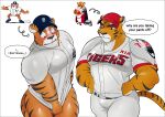  absurd_res anthro baseball_cap baseball_uniform blush clothing detroit_tigers duo felid goldlightyou hat headgear headwear hi_res hogeori humanoid kbo_league kia_tigers male male/male mammal mlb pantherine paws_(character) sportswear tiger uniform white_clothing 