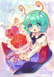  1girl anotherred antennae black_cape blue_pants blush bouquet buttons cape collared_shirt flower green_eyes green_hair highres holding holding_bouquet long_sleeves multiple_views open_mouth pants red_flower shirt short_hair signature touhou white_shirt wriggle_nightbug zoom_layer 