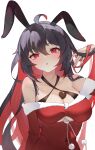  1girl :o ahoge animal_ears bangs bare_shoulders black_hair breasts cleavage clothing_cutout commentary_request dress fur-trimmed_dress fur_trim hair_between_eyes hand_up highres honkai_(series) honkai_impact_3rd kemonomimi_mode long_hair looking_at_viewer medium_breasts multicolored_hair off-shoulder_dress off_shoulder parted_lips rabbit_ears red_dress red_eyes red_hair seele_vollerei simple_background solo two-tone_hair underboob_cutout upper_body very_long_hair white_background yuan_zhen_(user_pnhx4422) 