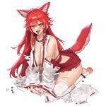  1girl ahoge animal_ear_fluff animal_ears anklet armpit_peek ass_visible_through_thighs bare_shoulders bead_necklace beads breasts claw_pose cleavage detached_sleeves fangs fenrir_(last_origin) highres huge_breasts injury jewelry large_breasts last_origin linea_alba long_hair long_sleeves looking_at_viewer maebari multiple_weapons nail_polish navel necklace no_bra nontraditional_miko official_alternate_costume official_art ofuda ofuda_on_pussy open_mouth over-kneehighs red_eyeliner red_hair red_nails red_ribbon ribbon see-through simple_background skindentation standing sword tachi-e tail thick_thighs thighhighs thighs tooth_necklace transparent_background tunamayo_(dsasd751) weapon wolf_ears wolf_girl wolf_tail yellow_eyes 