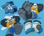  2023 4_toes angry anthro barefoot bear black_body blue_background bottomwear clothing cloud feet foot_fetish foot_focus footwear fur genji_tsuushin_agedama giant_panda hi_res jersey jozzu logo male mammal muscular muscular_anthro muscular_male old_socks plantigrade shoelaces shoes shoes_removed shorts simple_background smile sneakers snout socks solo sportswear toes white_body white_fur 