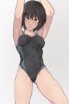  1girl amagami arms_up bangs black_hair bob_cut breasts brown_eyes closed_mouth commentary_request competition_swimsuit covered_navel hibikida1113 highres looking_at_viewer medium_breasts nanasaki_ai one-piece_swimsuit short_hair smile solo swimsuit thighs 