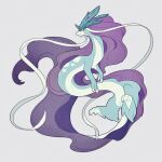  absurdly_long_hair alternate_species animal_focus claws closed_mouth commentary dragon eastern_dragon grey_background highres long_hair looking_to_the_side mee_(mee0118) no_humans pokemon pokemon_(creature) profile purple_hair red_eyes ribbon simple_background solo suicune very_long_hair white_ribbon 