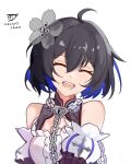  1girl :d ^_^ ahoge bare_shoulders black_hair blue_hair chain closed_eyes commentary english_commentary facing_viewer flower grey_flower hair_flower hair_ornament honkai_(series) honkai_impact_3rd keyhole multicolored_hair prickly-chan_(ycactussprout) puffy_sleeves seele_vollerei short_hair simple_background smile solo two-tone_hair upper_body white_background white_sleeves 