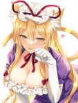 1girl :p animal_ear_fluff animal_ears bangs blonde_hair blush breasts cat_ears cat_tail choker cleavage closed_mouth collarbone commentary dress elbow_gloves eyelashes frilled_dress frills gloves hair_between_eyes hat heart highres kirisita large_breasts long_hair looking_at_viewer mob_cap paw_pose puffy_short_sleeves puffy_sleeves purple_dress red_ribbon ribbon ribbon_choker short_sleeves sidelocks solo tail tongue tongue_out touhou white_background white_gloves white_headwear yakumo_yukari 