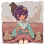  1girl animal animal_on_head blouse blue_shirt cat couch cup eating frilled_shirt_collar frilled_sleeves frills hairband heart highres kaenbyou_rin kaenbyou_rin_(cat) komeiji_satori kyoukei_usagi lettuce long_skirt long_sleeves looking_at_viewer multiple_tails on_head pink_skirt purple_eyes purple_hair rabbit reiuji_utsuho reiuji_utsuho_(bird) ribbon_trim shirt short_hair sitting skirt tail teacup touhou two_tails wide_sleeves 