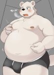  2023 ai_only_dream anthro bear belly big_belly blush bulge clothing hi_res humanoid_hands japanese_text kemono male mammal moobs navel nipples overweight overweight_male polar_bear solo text underwear ursine white_body 