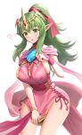  1girl ? absurdres blush breasts brooch commentary_request cowboy_shot crown dragonstone dress fire_emblem fire_emblem_awakening gonzarez green_eyes green_hair highres jewelry large_breasts long_hair open_mouth pink_dress pointy_ears ponytail sidelocks solo standing thighs tiki_(adult)_(fire_emblem) tiki_(fire_emblem) 