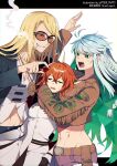  1boy 2girls anger_vein aqua_hair blonde_hair cigarette colored_inner_hair crystal_hair fate/grand_order fate_(series) fujimaru_ritsuka_(female) fujimaru_ritsuka_(female)_(decisive_battle_chaldea_uniform) green_eyes green_hair highres kukulkan_(fate) kukulkan_(first_ascension)_(fate) long_hair meiji_ken midriff multicolored_hair multiple_girls navel orange-tinted_eyewear orange_hair sharp_teeth simple_background skull smoking sunglasses teeth tezcatlipoca_(fate) tinted_eyewear white_background 