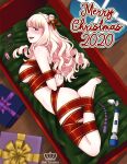  1girl 2020 anal_beads arms_behind_back artist_name bdsm blonde_hair blush bondage bound box breasts butt_plug egg_vibrator gift gift_box highres hime_takamura hitachi_magic_wand large_breasts lying merry_christmas nail_polish naked_ribbon on_side open_mouth original purple_eyes red_nails ribbon sex_toy smile solo thyra_teravathinia toenail_polish toenails vibrator watermark 