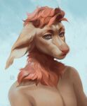  anthro artist_name blue_eyes bust_portrait ears_back eyebrows eyelashes fur glistening glistening_eyes hair hi_res looking_at_viewer male marie_merkh mouth_closed neck_tuft nude orange_body orange_ears orange_eyebrows orange_fur orange_hair pivoted_ears portrait simple_background solo species_request tuft 