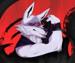  anthro bicep_curl canid canine canis claws cloak clothing death_(puss_in_boots) fangs fur hi_res male mammal red_eyes solo squibstash teeth white_body white_fur wolf wristband 