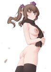  1girl ass bangs black_thighhighs blush breasts brown_eyes brown_hair from_below hair_between_eyes hat highres himekaidou_hatate large_areolae long_hair looking_at_viewer medium_breasts motion_blur naked_scarf ni_(221) nipples nude parted_lips pointy_ears purple_ribbon ribbon scarf simple_background solo standing thighhighs tokin_hat touhou twintails twisted_torso white_background 