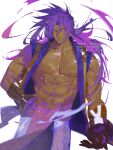  1boy bare_pectorals bare_shoulders bhima_(fate) dark-skinned_male dark_skin fate/grand_order fate_(series) floating_hair gauntlets highres indian_clothes large_pectorals long_hair male_focus muscular muscular_male pectorals pelvic_curtain purple_eyes purple_hair purple_vest semi_(p-poco) simple_background smile solo very_long_hair vest 