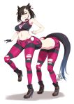  1girl black_hair black_sports_bra breasts centaur choker extra_legs green_eyes high_heels horse_tail kirisaki_byakko large_breasts marnie_(pokemon) medium_hair monsterification pokemon pokemon_(game) pokemon_swsh signature sports_bra tail taur thighhighs torn_clothes 