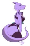  anthro bow_ribbon bra cheek_horn clothed clothing eyelashes female fsnowzombie garter_belt garter_straps hi_res horn irrei_nuvoh_(turncoatpilot) jagged_mouth kobold legwear lingerie lizard looking_at_viewer panties pinup pose pupils purple_body purple_eyes purple_scales reptile scale_freckles scales scalie simple_background slit_pupils smile snout solo standing stockings tail topwear underwear 