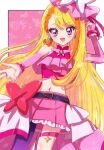  1girl asymmetrical_bangs bangs belt_bow blonde_hair blush braid bridal_gauntlets brooch commentary cure_butterfly earrings highres hijiri_ageha hirogaru_sky!_precure jewelry magical_girl midriff navel open_mouth pantyhose pink_skirt precure purple_eyes purple_pantyhose shinji_(udonteishoku) side_braid single_leg_pantyhose skirt smile solo triangle_earrings wing_brooch 