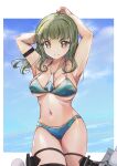  1girl absurdres aged_up armpits arms_up bikini blue_bikini blue_sky bob_cut braid breasts brown_eyes cloud commentary_request cowboy_shot green_hair highres js_takanami_(kancolle) kantai_collection large_breasts long_hair looking_at_viewer sidelocks sky solo swimsuit takanami_(kancolle) torpedo_launcher yashin_(yasinz) 