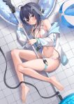  1girl absurdres arknights ball bare_legs barefoot beachball bikini black_hair blush commentary_request goggles goggles_around_neck grey_eyes highres innertube jacket la_pluma_(arknights) la_pluma_(summer_flowers)_(arknights) long_sleeves looking_at_viewer navel off_shoulder open_clothes open_jacket parted_lips shikapiro short_hair solo stomach swimsuit thigh_strap thighs white_bikini white_jacket 