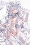  1girl breasts choker gloves grey_eyes grey_nails hair_over_one_eye high_heels highres horns koka_(rikku-file) lace lace_gloves large_breasts long_hair navel original panties pelvic_curtain solo thigh_strap thighhighs transparent transparent_horns underwear very_long_hair white_choker white_footwear white_horns white_panties white_thighhighs 