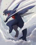 absurdres claws dust_cloud fang fang_out fangs floating from_behind full_body garchomp highres looking_back momota_pix no_humans open_mouth pokemon pokemon_(creature) sharp_teeth teeth tongue yellow_eyes 
