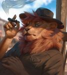  absurd_res anthro blue_eyes blue_sky blurred_background brown_clothing brown_hat brown_headwear brown_nose brown_topwear bust_portrait chair cigar clothed clothing cloud eyelashes felid fur furniture green_eyes hair hat headgear headwear hi_res holding_cigar holding_object lion male mammal mane marie_merkh on_chair orange_body orange_fur orange_hair orange_mane pantherine portrait reclining sky smoke smoking solo teeth three-quarter_view topwear whiskers 