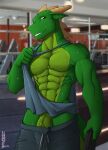  abs anthro biceps bodily_fluids bottomwear bottomwear_down clothed clothing genitals gym hi_res lizard male muscular muscular_male pants pants_down partially_clothed pecs penis penis_base reptile sar saruuk scalie solo sweat vein veiny_penis 