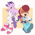  2girls blaze_the_cat boots brown_hair closed_eyes crop_top dress flying_sweatdrops forehead_jewel furry furry_female gloves high_heels highres laughing multiple_girls open_mouth purple_dress sally_acorn shoes shorts smile sonic_(series) stellarspin sweatdrop white_gloves 