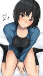  1girl amagami arms_between_legs artist_name bangs bed_sheet black_hair black_one-piece_swimsuit black_socks blue_one-piece_swimsuit blue_shirt blurry blush breasts breasts_squeezed_together brown_eyes commentary competition_swimsuit depth_of_field from_above head_tilt highres kneehighs long_sleeves looking_at_viewer medium_breasts nanasaki_ai nose_blush on_bed one-piece_swimsuit open_clothes open_shirt raised_eyebrows shirt short_hair signature sitting socks solo swimsuit swimsuit_under_clothes twitter_username two-tone_one-piece_swimsuit v_arms wariza yoo_tenchi 