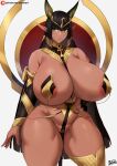  1girl animal_ears ankh areola_slip bangs batako_(batakoart) black_hair breasts commentary curvy dark_elf dark_skin egyptian_clothes elbow_gloves elf gloves green_eyes hair_between_eyes highres hime_cut huge_breasts jackal_ears last_origin long_hair long_pointy_ears looking_to_the_side mature_female no_panties pasties patreon_username pelvic_curtain plump pointy_ears revealing_clothes sekhmet_of_death simple_background single_thighhigh solo standing tan thick_thighs thighhighs thighs very_long_hair white_background 