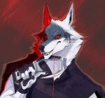  anthro blood blood_from_mouth blood_in_mouth bodily_fluids canid canine canis claws cloak clothing death_(puss_in_boots) fangs fur hi_res male mammal red_eyes sickle solo squibstash teeth white_body white_fur wolf wristband 