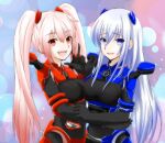  2girls black_bodysuit blue_eyes blue_hair blurry blurry_background bodysuit breasts commentary_request cropped_torso fang fang_out happy headlight highres light_blue_hair mecha_musume medium_breasts multicolored_background multiple_girls pink_hair push-button red_eyes scared siblings side_mirror sisters subaru_(brand) subaru_brz_(syanago_collection) suzuki-shi syanago_collection toyota toyota_86_(syanago_collection) twintails v 
