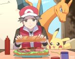  1boy brown_eyes brown_hair brown_shirt charizard closed_mouth commentary_request dated day food frown hat holding holding_food jacket ketchup_bottle lettuce looking_down male_focus miicheer outdoors pikachu pokemon pokemon_(creature) pokemon_(game) pokemon_frlg red_(pokemon) red_headwear sandwich shirt short_hair short_sleeves sleeveless sleeveless_jacket snorlax sweat t-shirt table tablecloth tomato tomato_slice trembling wristband 
