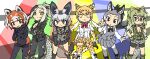  6+girls :/ animal_ears animal_print arm_at_side arms_at_sides bangs bat-eared_fox_(kemono_friends) bike_shorts black_eyes black_hair black_skirt bodystocking boots bow bowtie braid breasts brown_eyes brown_hair chibi cleavage closed_mouth colored_inner_hair commentary_request crocodilian_tail crossed_arms curious donkey_(kemono_friends) donkey_ears donkey_girl donkey_tail dress elbow_gloves extra_ears feet_out_of_frame fingerless_gloves fox_ears fox_girl fox_tail glasses gloves green_eyes green_hair green_jacket grey_hair grey_jacket hand_on_hip hand_on_own_chin hand_up hands_up high_ponytail highres holding jacket kemono_friends leaning_forward legs_apart leopard_(kemono_friends) leopard_ears leopard_girl leopard_print leopard_tail lesser_panda_(kemono_friends) long_hair long_sleeves medium_hair miniskirt multicolored_hair multiple_girls nervous orange_hair own_hands_together pants pantyhose parted_lips partially_unzipped pleated_skirt pointing pointing_at_viewer print_gloves print_skirt print_thighhighs red_panda_ears red_panda_girl red_panda_tail saltwater_crocodile_(kemono_friends) shirt short_dress short_shorts short_sleeves shorts shorts_under_shorts side-by-side skirt spectacled_caiman_(kemono_friends) srd_(srdsrd01) standing sweater tail thighhighs torn_clothes torn_pants twin_braids twintails v-shaped_eyebrows very_long_hair vest white_hair white_pantyhose white_shirt yellow_eyes zettai_ryouiki 