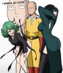  1boy 2girls arms_behind_head bald bare_legs belt black_dress black_hair black_thighhighs blush boots breasts closed_mouth curly_hair dark_green_hair dress english_text fubuki_(one-punch_man) green_dress green_eyes green_hair hetero highres large_breasts mark_gavatino medium_breasts medium_hair multiple_girls one-punch_man open_mouth red_footwear saitama_(one-punch_man) smile tatsumaki thighhighs 