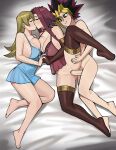  1boy 2girls bisexual_female blonde_hair blue_camisole boy_and_girl_sandwich breasts brown_gloves brown_thighhighs camisole choker closed_eyes commission completely_nude donburi_(donburikazoku) elbow_gloves ffm_threesome gloves group_sex highres in-franchise_crossover izayoi_aki kiss large_breasts long_hair multicolored_hair multiple_girls nude penis purple_eyes red_hair sex sidelocks smirk spiked_hair spooning tenjouin_asuka thighhighs threesome uncensored vaginal yami_yuugi yu-gi-oh! yu-gi-oh!_5d&#039;s yu-gi-oh!_duel_monsters yu-gi-oh!_gx 