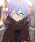  1boy :3 bangs black_sweater blue_hair blurry blurry_background blush brown_jacket brown_scarf closed_mouth earrings hair_between_eyes hk_(wgyz7222) jacket jewelry kamishiro_rui lens_flare looking_at_viewer male_focus multicolored_hair open_clothes open_jacket outdoors project_sekai purple_hair ribbed_sweater scarf short_hair sidelocks smile snowing solo streaked_hair stud_earrings sweater upper_body yellow_eyes 