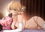  1girl absurdres aegis_(takunomi) blonde_hair bra breasts candy chocolate commentary_request elbow_gloves elf enjo_kouhai folded_ponytail food gloves green_eyes heart heart-shaped_chocolate highres indoors large_breasts lingerie long_hair long_pointy_ears lying mouth_hold multi-strapped_panties navel on_bed on_stomach panties pointy_ears red_bra red_panties sideboob solo stomach takunomi thighhighs underwear underwear_only valentine white_gloves white_thighhighs yes yes-no_pillow 