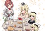  4girls ark_royal_(kancolle) bangs biscuit_(bread) black_sailor_collar blonde_hair blue_eyes blue_sailor_collar blush bob_cut bow braid breasts check_commentary cleavage closed_eyes commentary commentary_request crown cup curly_hair dress french_braid gloves grey_dress hat headband highres holding holding_teapot janus_(kancolle) jervis_(kancolle) kantai_collection large_breasts mini_crown multiple_girls musical_note off-shoulder_dress off_shoulder red_bow red_hair round_table sailor_collar sailor_dress sailor_hat sakura_ab short_hair simple_background sitting smile table tea_party teacup teapot tiara warspite_(kancolle) white_headband 