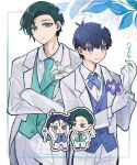  2boys aqua_necktie aqua_vest bangs blue_eyes blue_hair blue_lock blue_vest boutonniere bright_pupils chibi closed_mouth collared_shirt commentary_request crossed_arms flower formal glove_pull gloves green_eyes green_hair isagi_yoichi itoshi_rin jacket l2blq1 long_sleeves looking_at_viewer male_focus multiple_boys necktie pants purple_flower shirt short_hair simple_background smile standing suit suit_jacket vest white_background white_flower white_gloves white_jacket white_pants white_pupils white_suit 