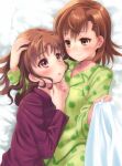  2girls blush breasts brown_eyes brown_hair closed_mouth collarbone hand_on_another&#039;s_head highres long_hair looking_at_another misaka_mikoto multiple_girls on_bed open_mouth pajamas shirai_kuroko short_hair small_breasts smile toaru_majutsu_no_index yonabe yuri 